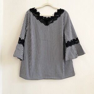 Chicos Black/White Gingham 3/4 Sleeve Size 3 XL Lace Trim Bell Sleeve Top‎